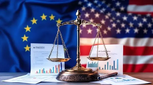 International AI regulation landscape showing EU and US flags