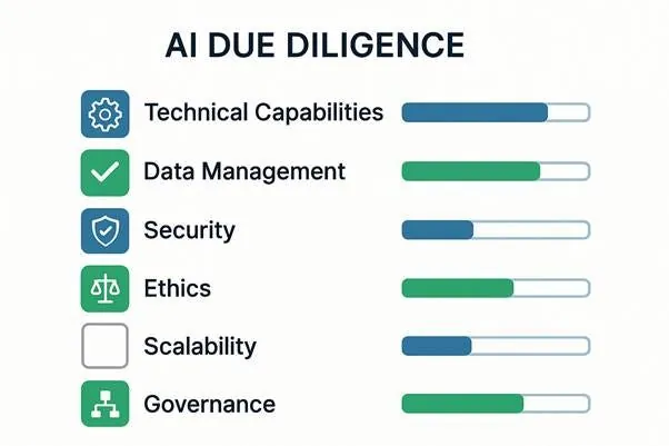 Professional checklist visualization showing AI due diligence categories: Technical Capabilities, Data Management, Security, Ethics, Scalability, Governance. Modern dashboard style with checkboxes, progress bars, and category icons, clean white background with blue and green accent colors, executive-friendly design